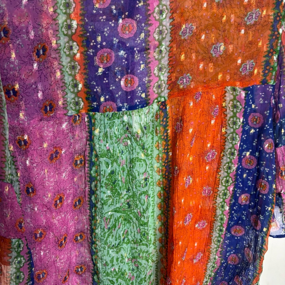 Boho Patchwork Floral Peasant Blouse - Pink, Green, Orange - Picture 5 of 7